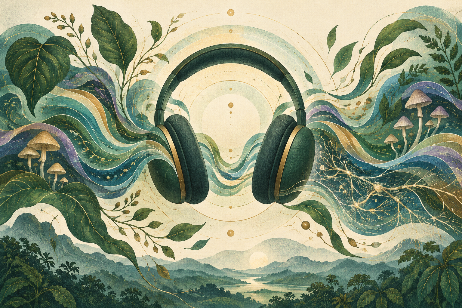 Auriculares rodeados de ondas turquesa, hojas y formas de hongos en una ilustración sobre música y percepción.