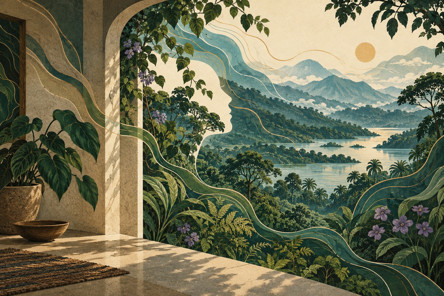 Un perfil humano se entrelaza con un paisaje de montañas y plantas a través de una ventana, como metáfora de percepción y entorno.
