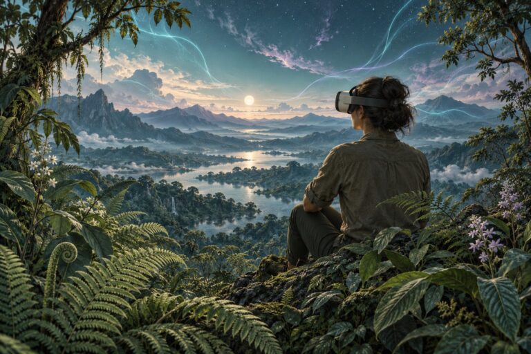 Ilustración de una persona con visor de realidad virtual ante un paisaje de montañas, agua y vegetación bajo un cielo luminoso.