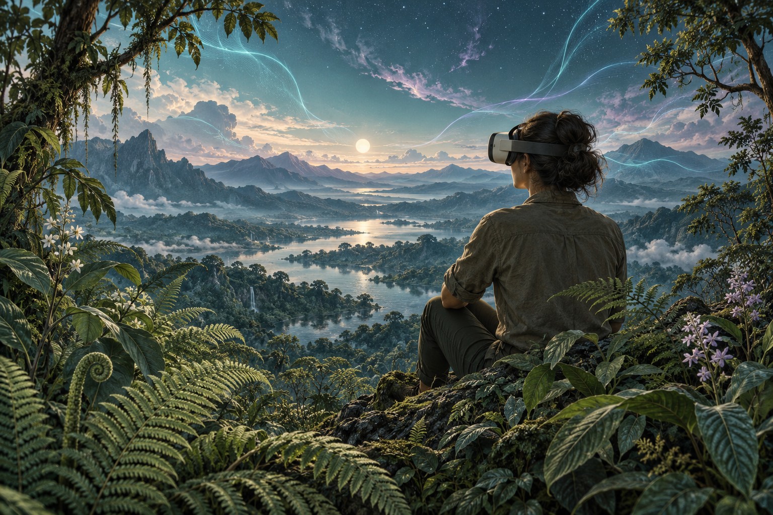 Ilustración de una persona con visor de realidad virtual ante un paisaje de montañas, agua y vegetación bajo un cielo luminoso.