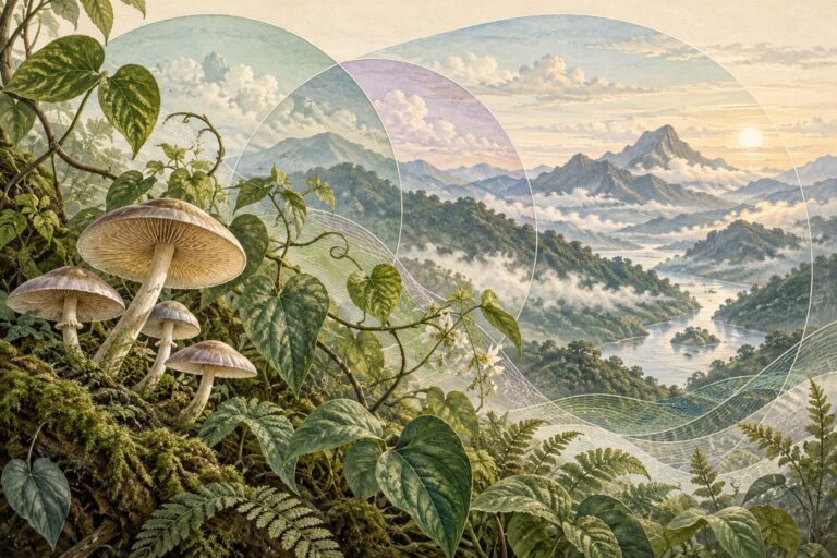 Hongos y hojas se entrelazan ante un paisaje montañoso, atravesado por círculos translúcidos que sugieren distintas perspectivas.