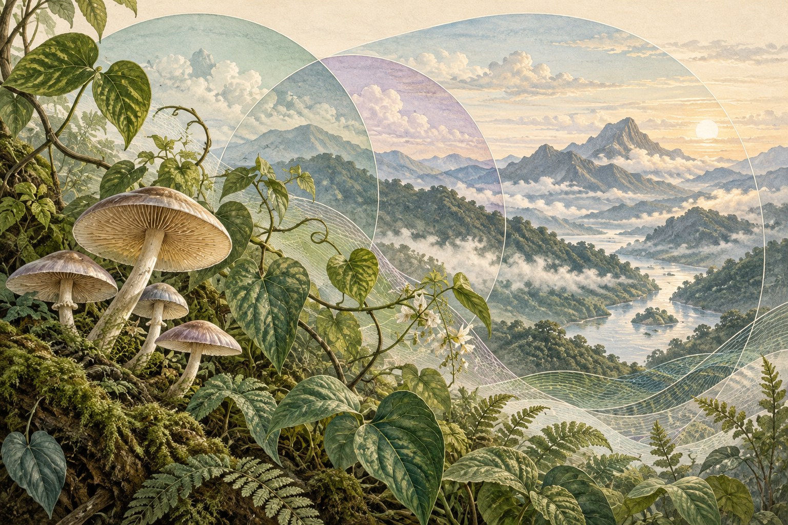 Hongos y hojas se entrelazan ante un paisaje montañoso, atravesado por círculos translúcidos que sugieren distintas perspectivas.