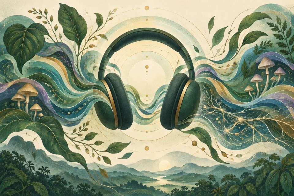 Auriculares rodeados de ondas turquesa, hojas y formas de hongos en una ilustración sobre música y percepción.
