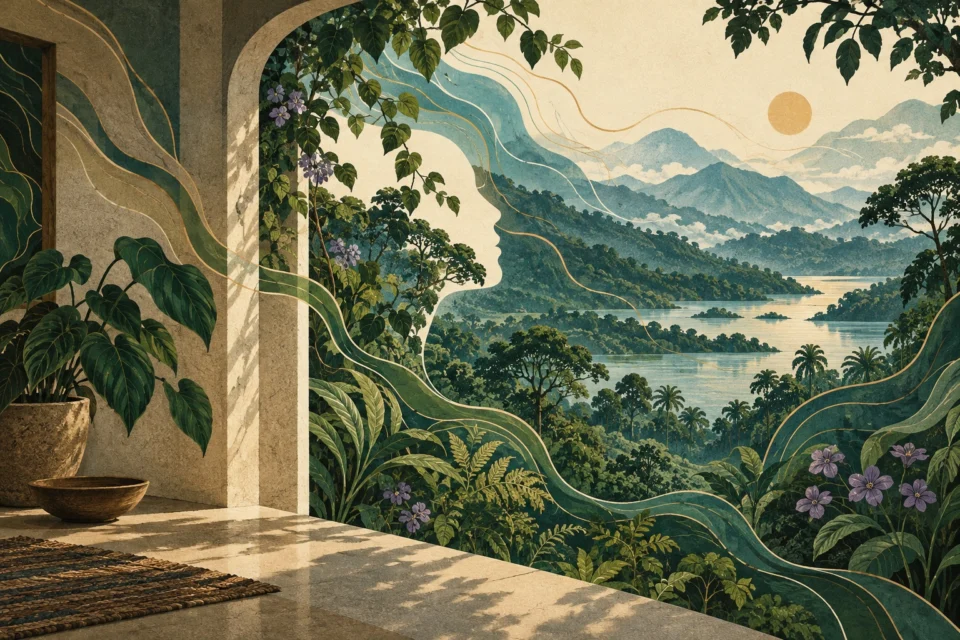 Un perfil humano se entrelaza con un paisaje de montañas y plantas a través de una ventana, como metáfora de percepción y entorno.
